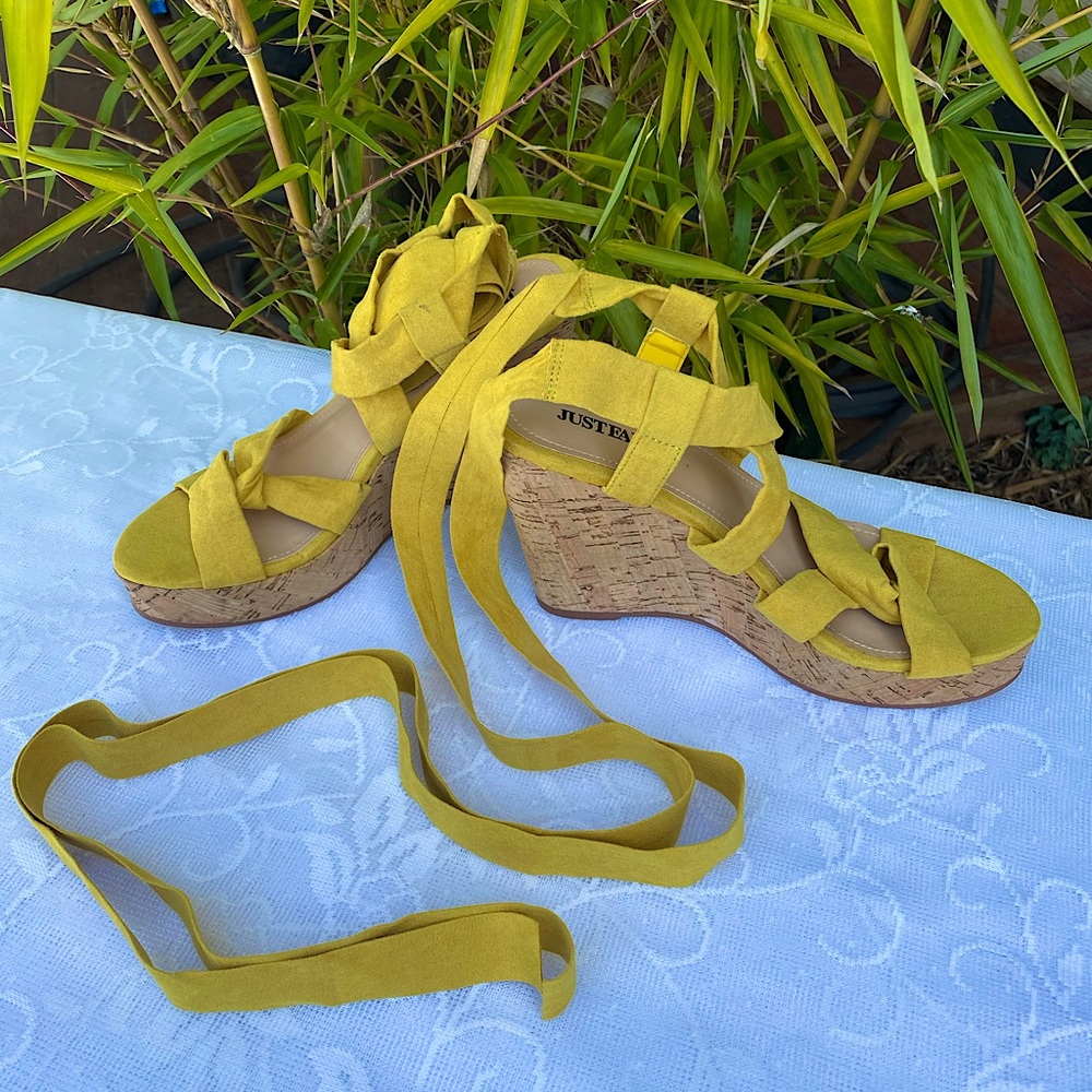 Yellow suede wrap up heels